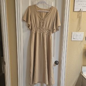 Beige Midi Dress with Crochet Details